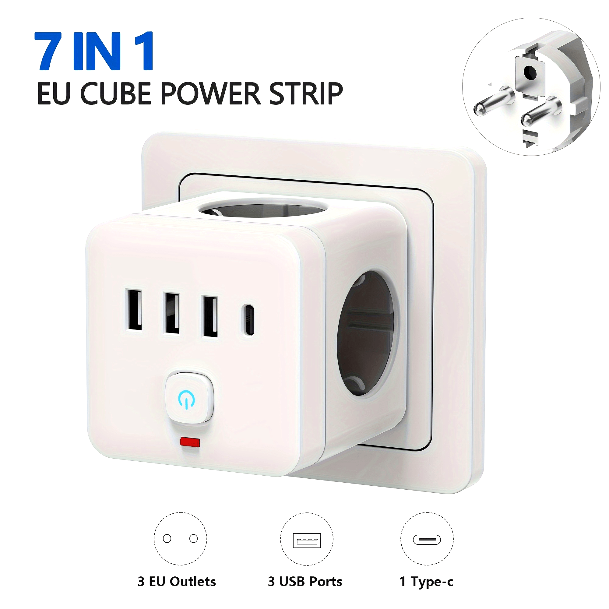 Regleta de corriente de la UE con protector contra sobretensiones 7-en-1, 3 tomas de corriente AC, 3 puertos USB Tipo-C para hogar, oficina y viajes