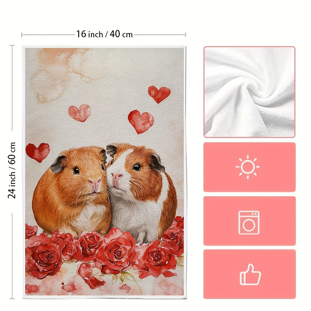 Guinea Pig and Rose Kitchen Towels Set, Soft Absorbent, 40x60 cm, Machine Washable