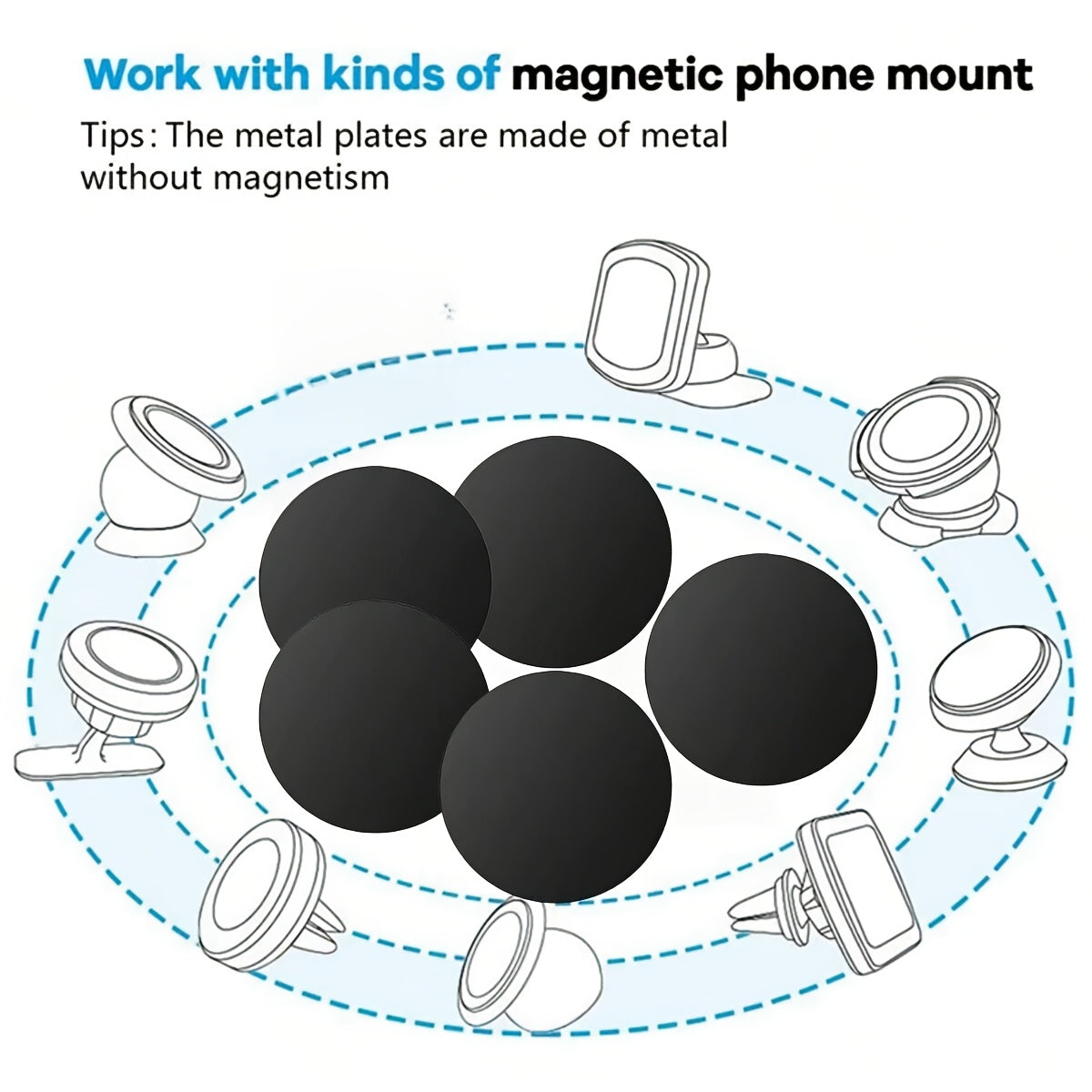 5 ta qora, kumush, temir telefon stendlari, magnitli, yutuvchi, 40mm