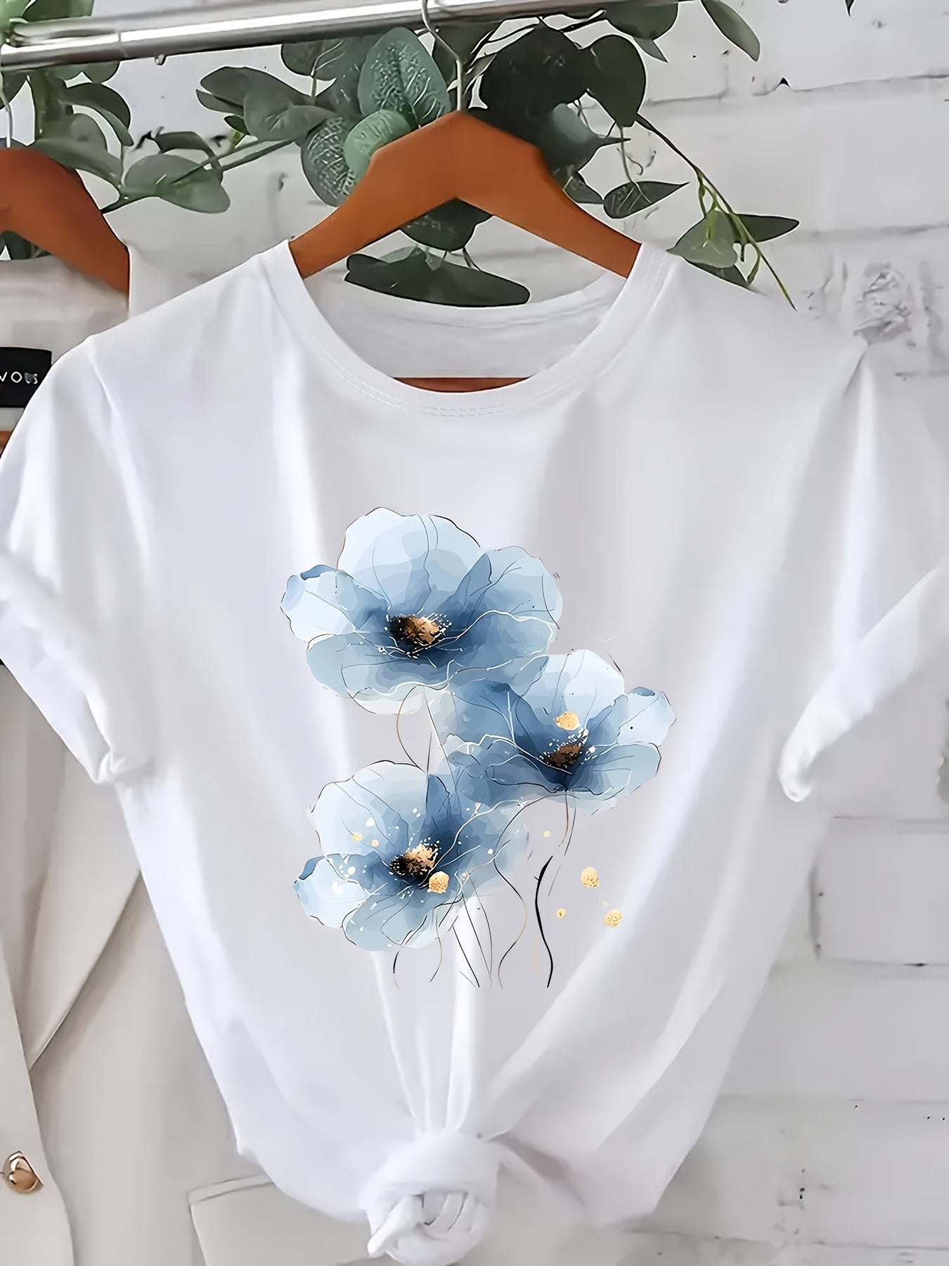 Plus Size Women's Floral Print T-Shirt Lightweight Polyester Casual Blue Flowers