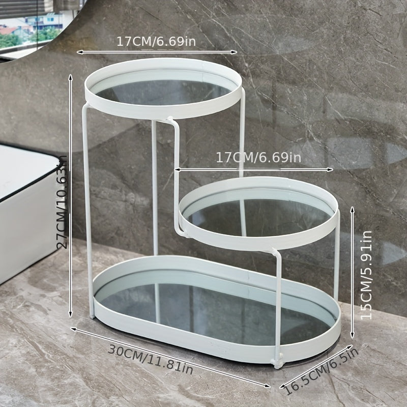 Golden Metal Cosmetic Organizer with 3 Tiers Marble Pattern Vanity Bathroom Storage