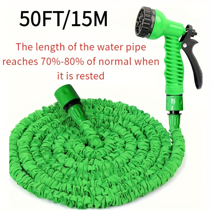 Expandable Green Rubber Garden Hose 30ft with High-Pressure Spray Gun and Anti-Kink Nozzle