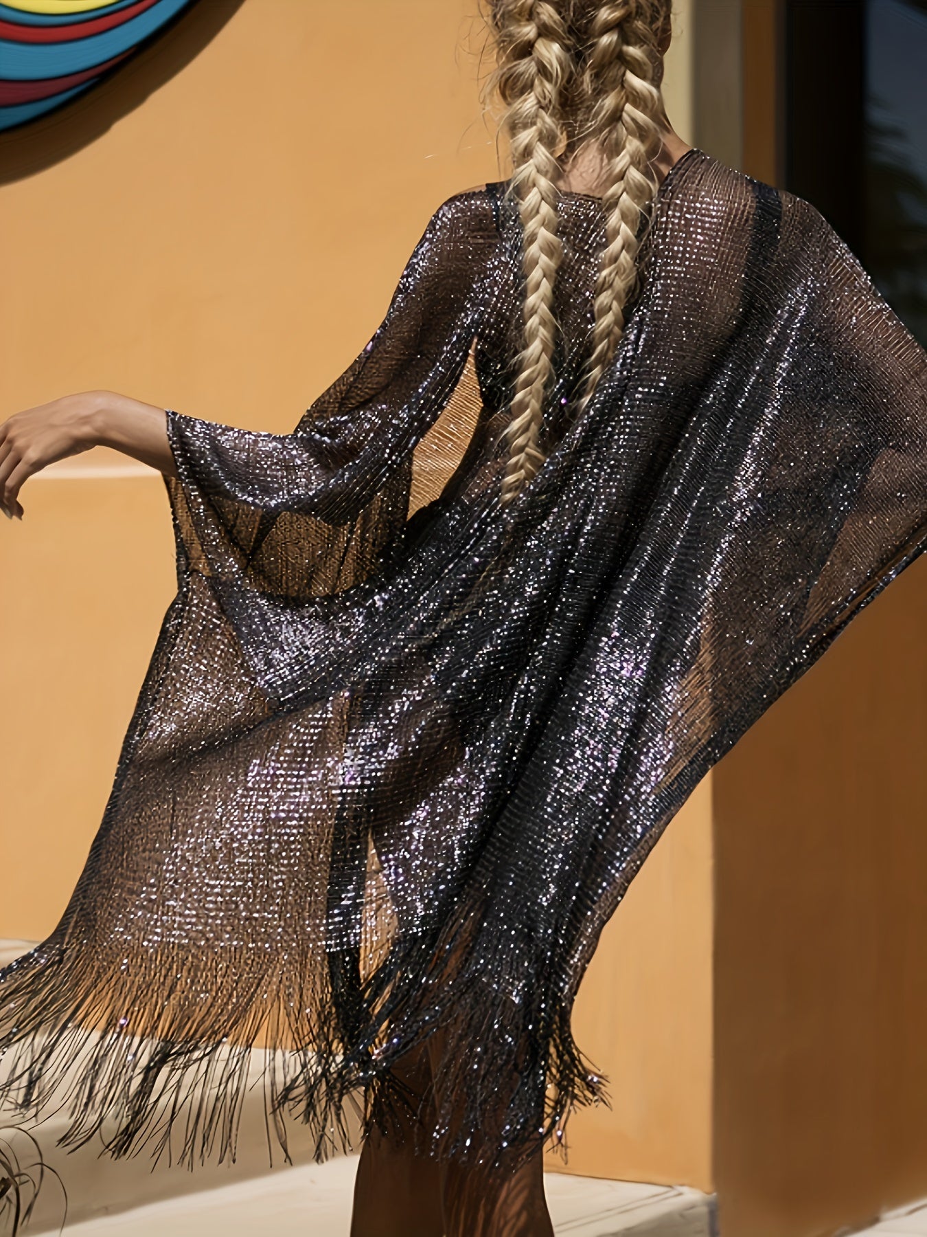 Plus Size Shiny Tassel Trim Shawl Top Casual Open Front Cover Up