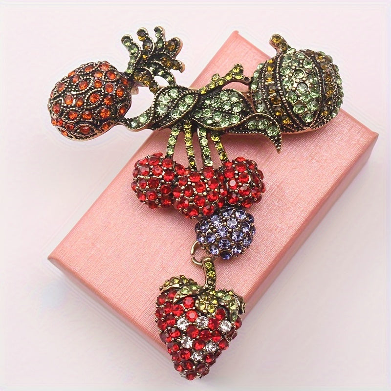 Vintage Rhinestone Fruit Brooch Pins Set Pineapple Strawberry Lychee Decorative Lapel Pin