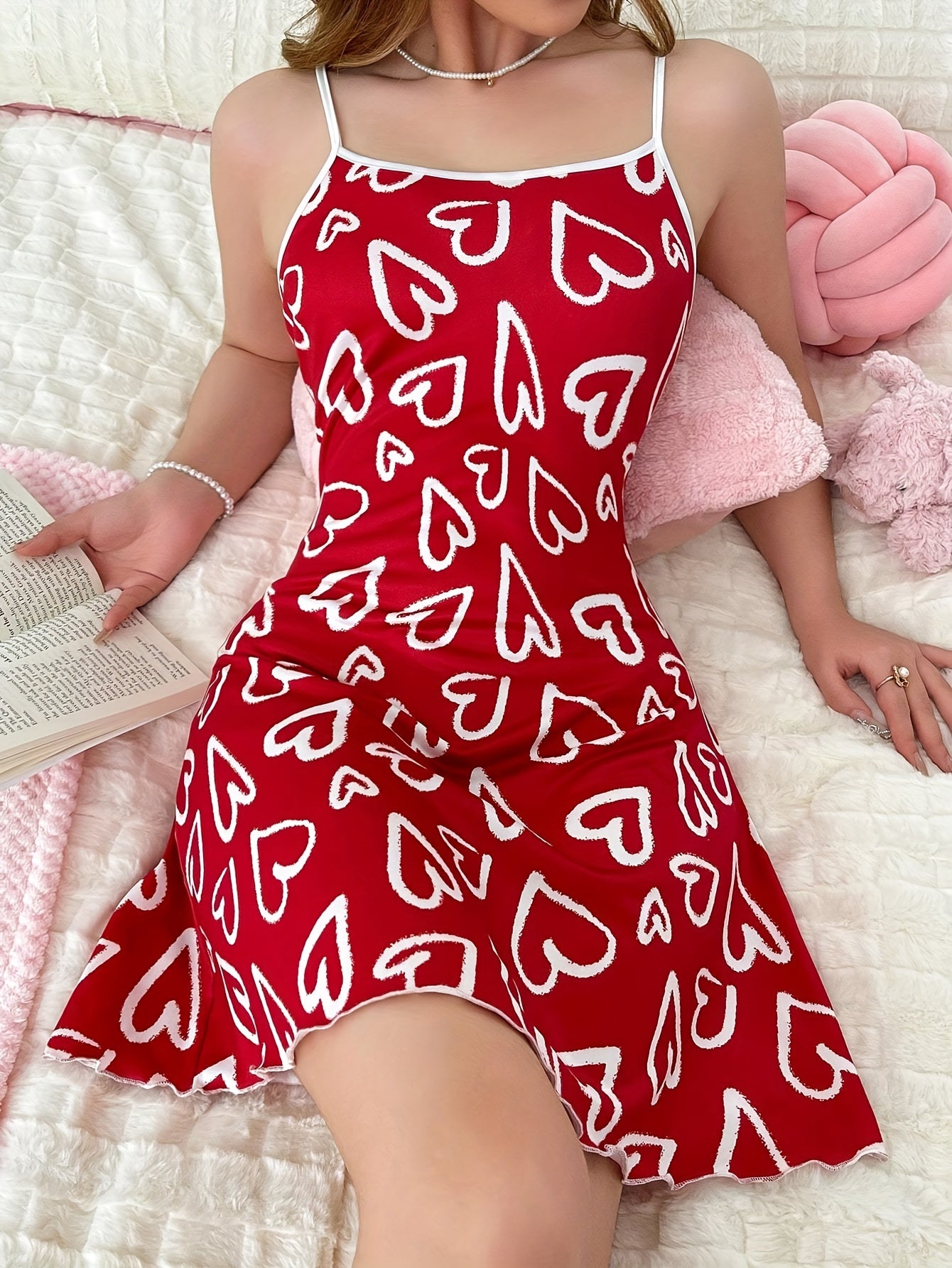 Women’s Summer Heart Pattern Slip Dress Polyester Sleeveless Casual