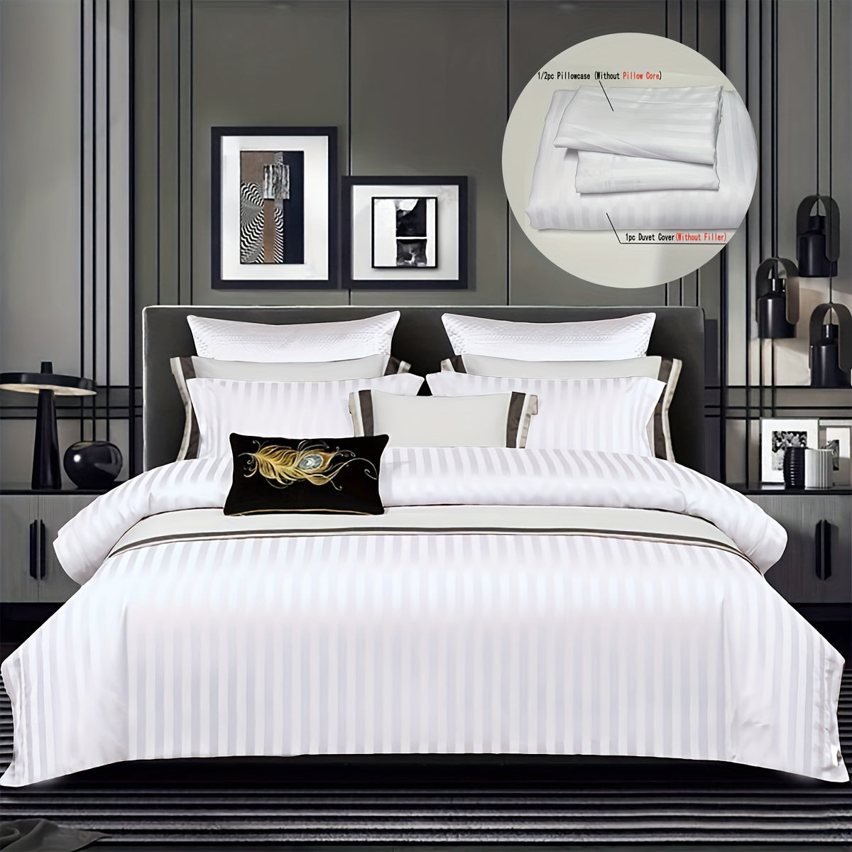 White Satin Print 3-Piece Duvet Cover Set with Pillowcases Bedding