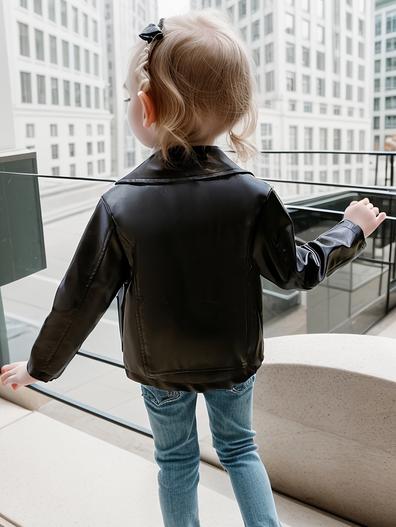 Youth Polyester PU Jacket Solid Color Lapel Collar Button-Up Loose Fit Spring Fall