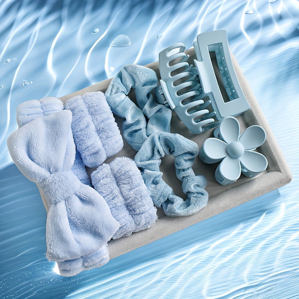 Set of 8 Women's Velvet Headbands and Clips with Flower and Frosted Plastic Grab Clips