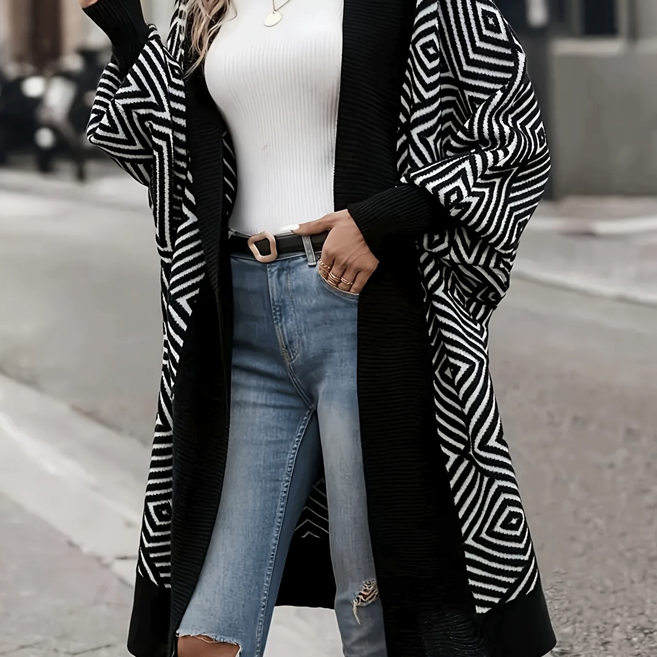 Plus Size Geometric Print Cardigan for Women Open Front Long Sleeve Knit Outwear