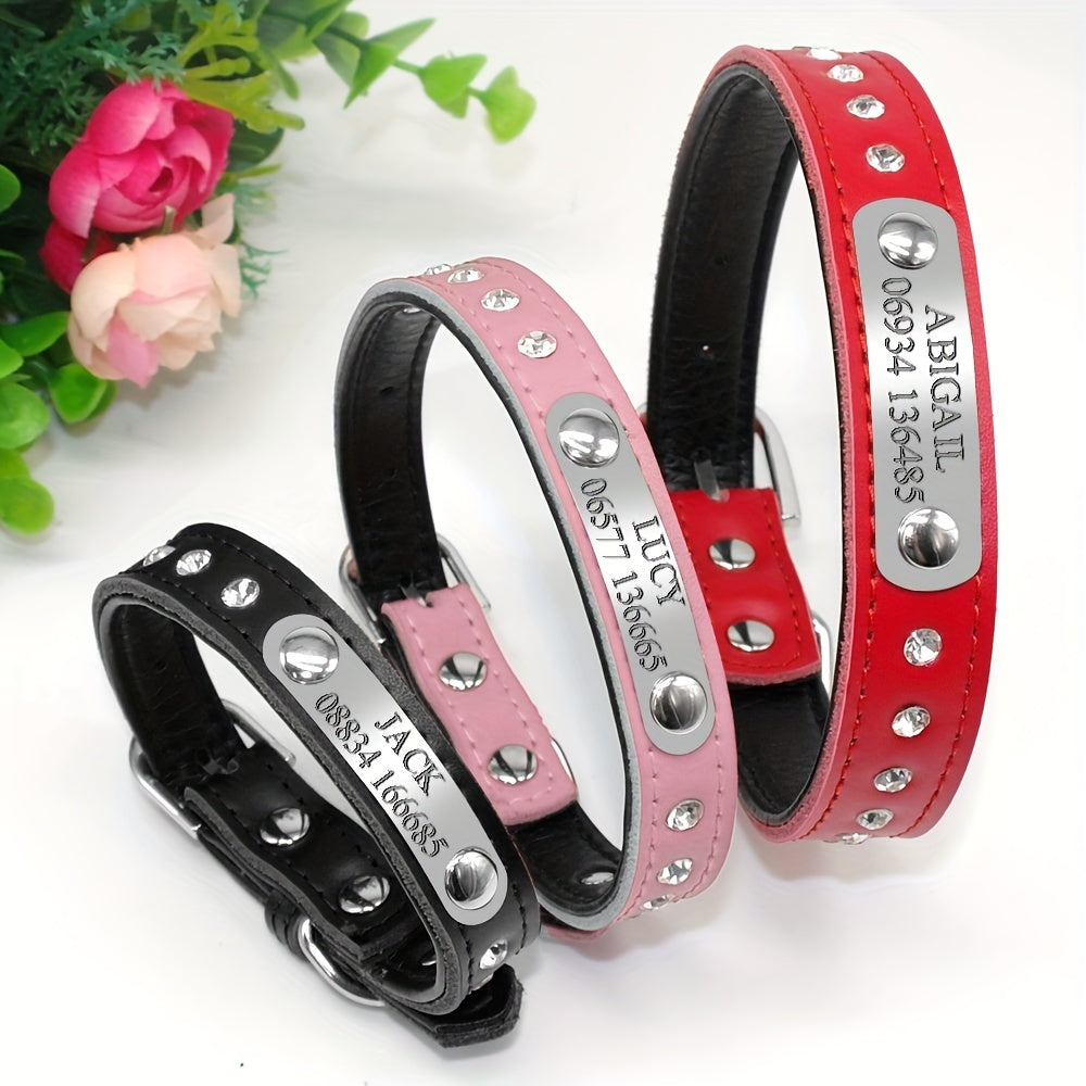 Leather Pet Collar for Small Dogs and Kittens Adjustable with Nameplate and Free Engraving