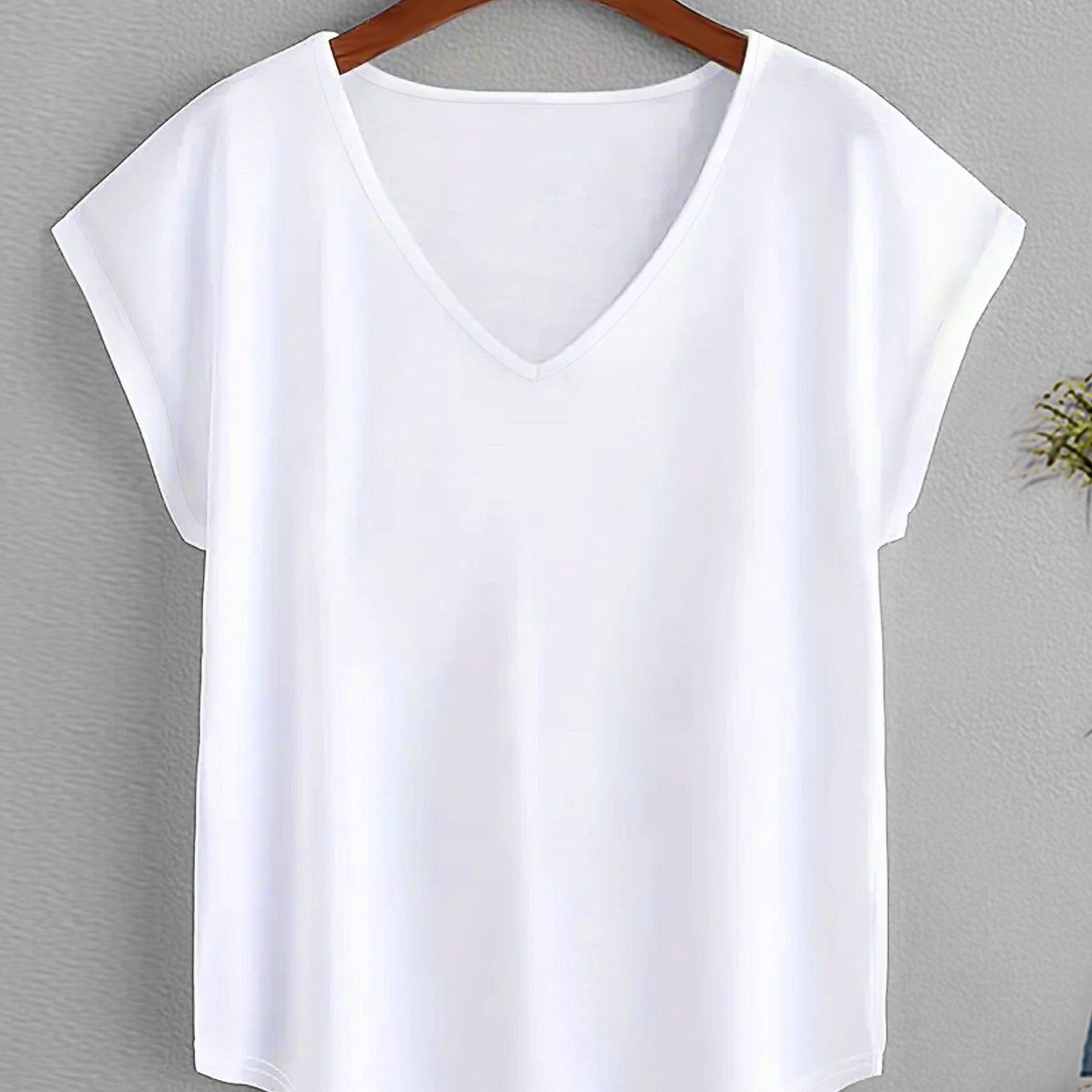 Camiseta de manga corta de color sólido para mujer, cuello en V, para primavera y verano, casual
