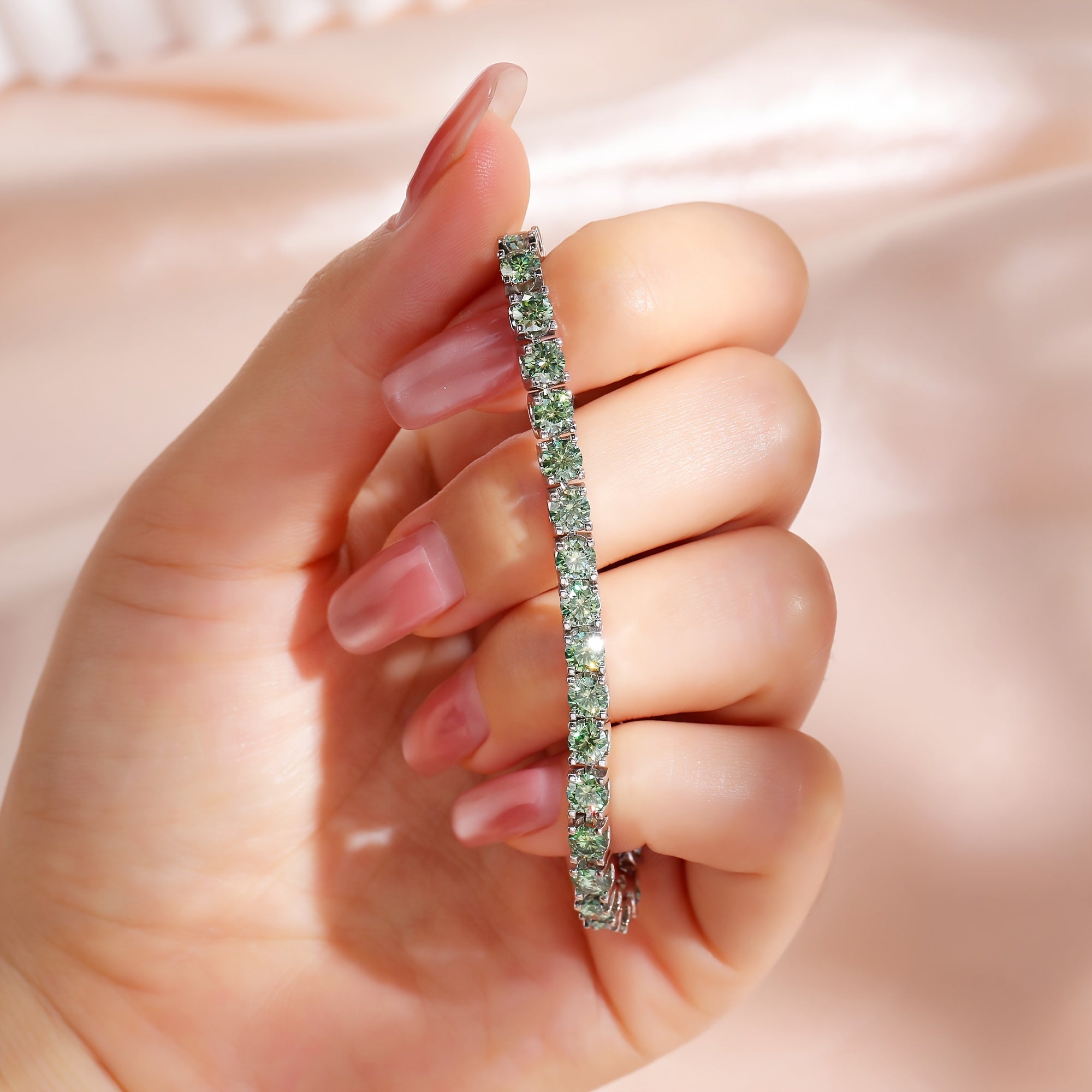 Sterling Silver Tennis Bracelet with Green Moissanite Stones and Gold Plating for Women