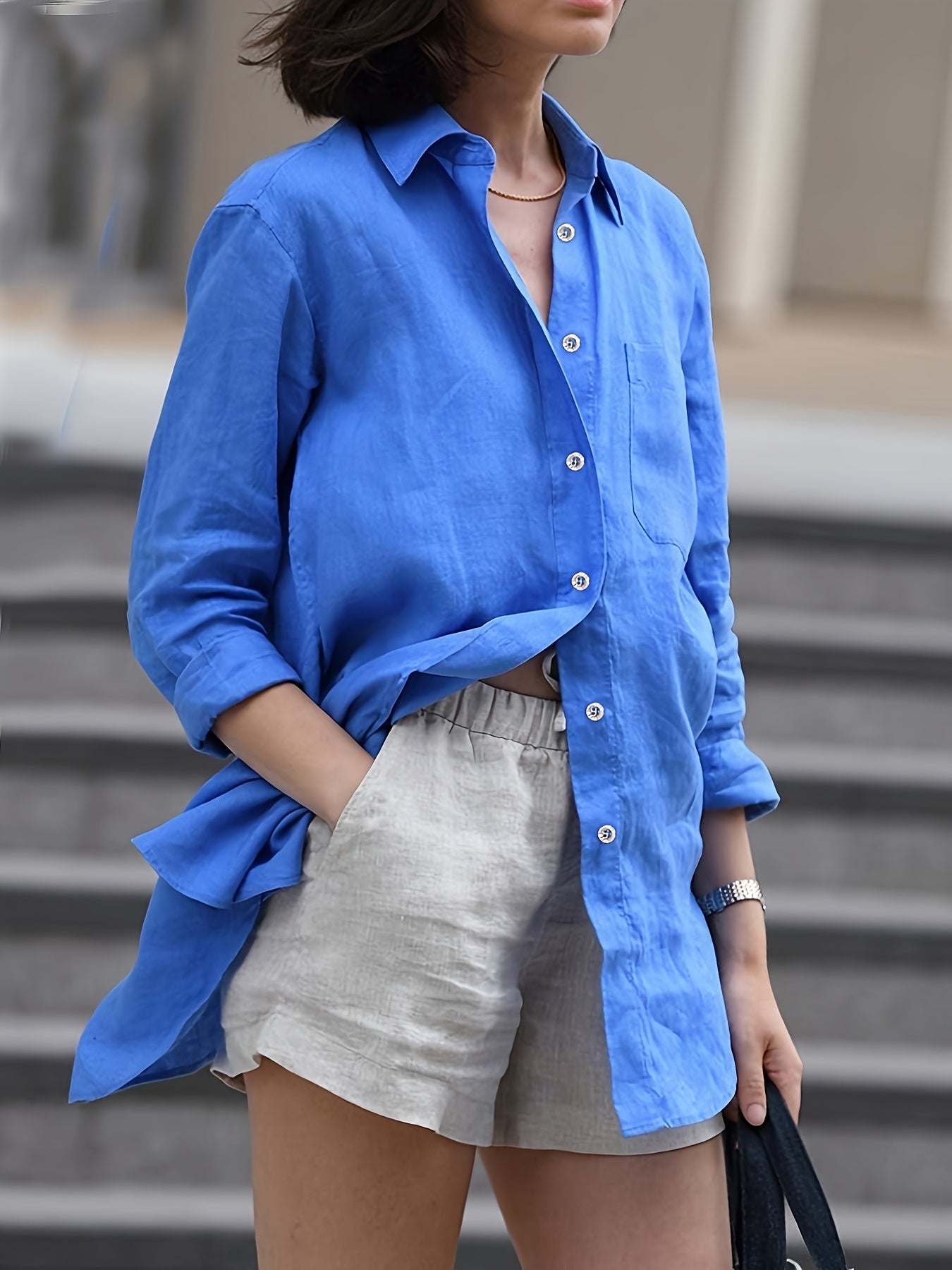 Plus Size Women Solid Color Button-Up Shirt Casual Dressy Top