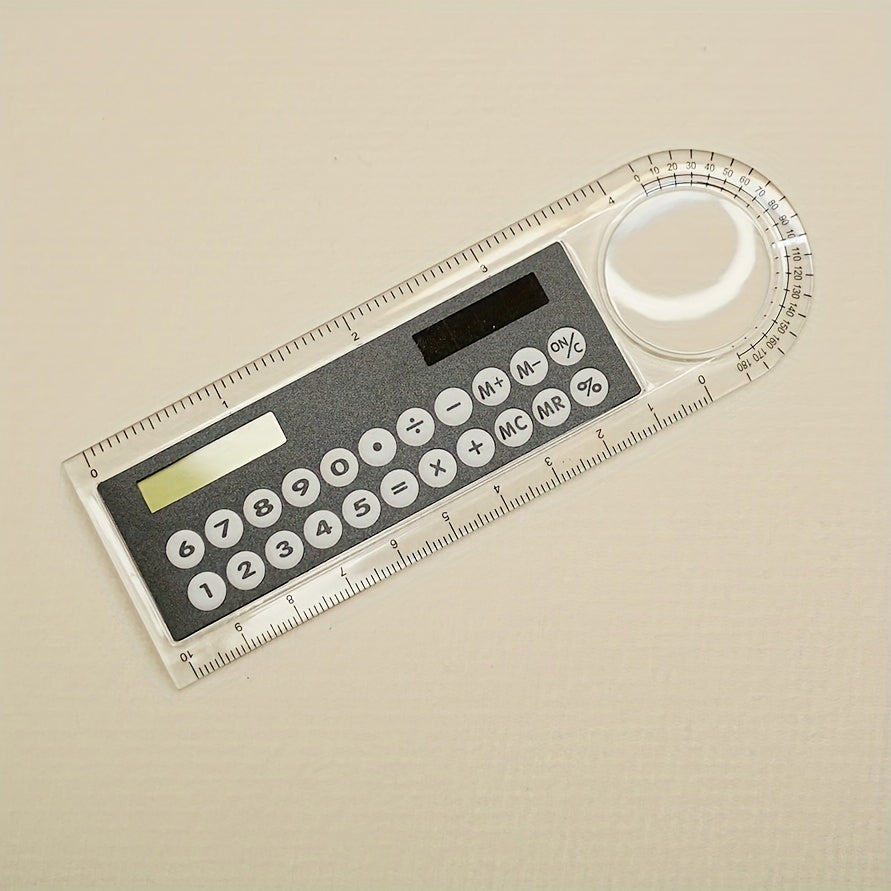 Mini Ultra-Thin Solar Calculator Ruler with Magnifying Glass 10cm Office School Supplies