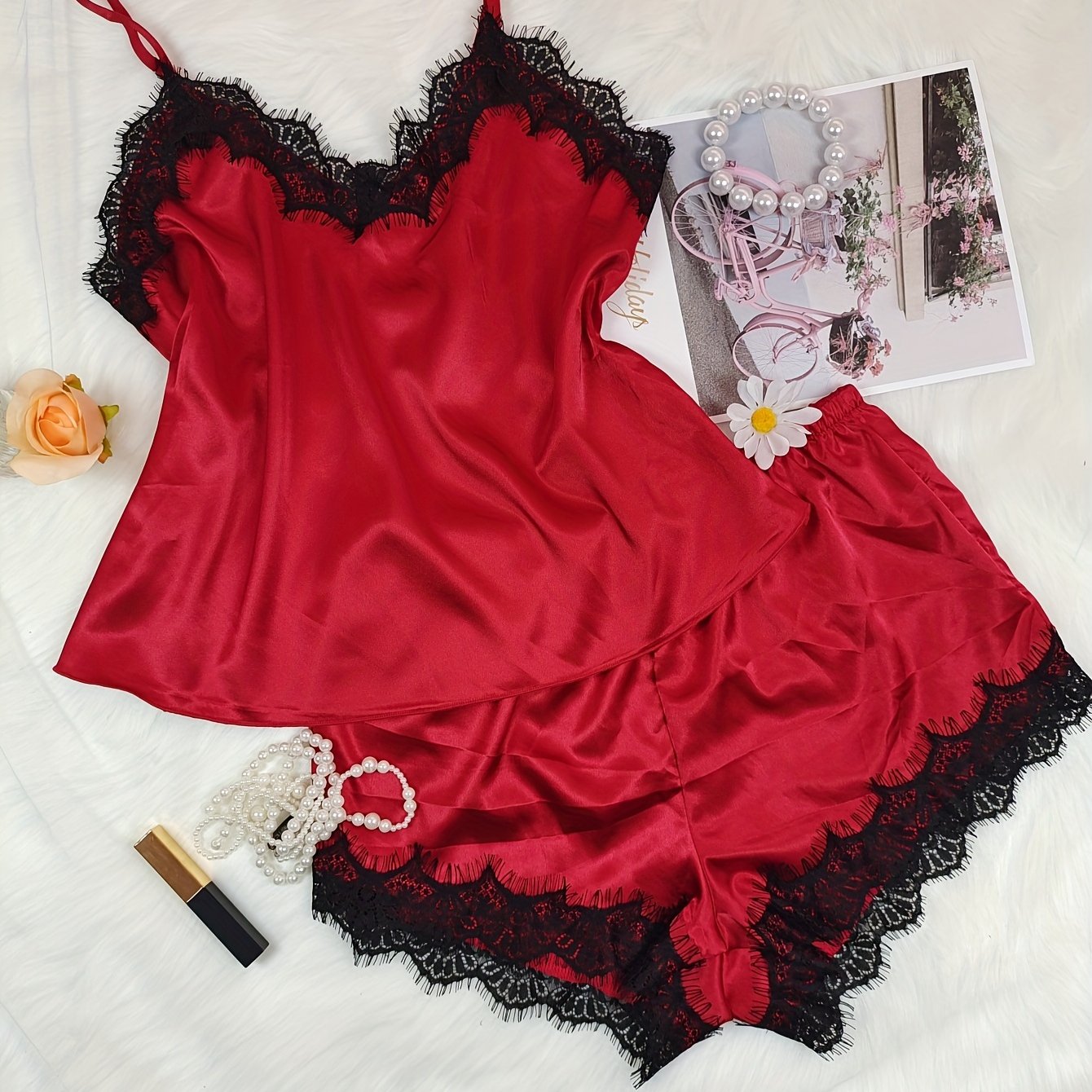 Women's Sexy Pajama Set with V-Neck Off-Shoulder Lace Trim Polyester Blend