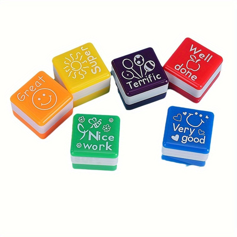 6 ta to'rtburchakli o'qituvchi muhrlari to'plami, baholash uchun ijobiy xabarlar bilan, ABS materialidan tayyorlangan.