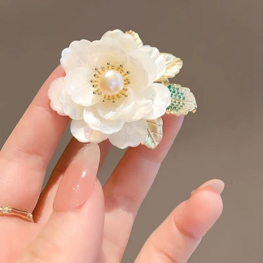 Faux Shell Crabapple Flower Brooch with Imitation Pearls Elegant Jewelry for Women