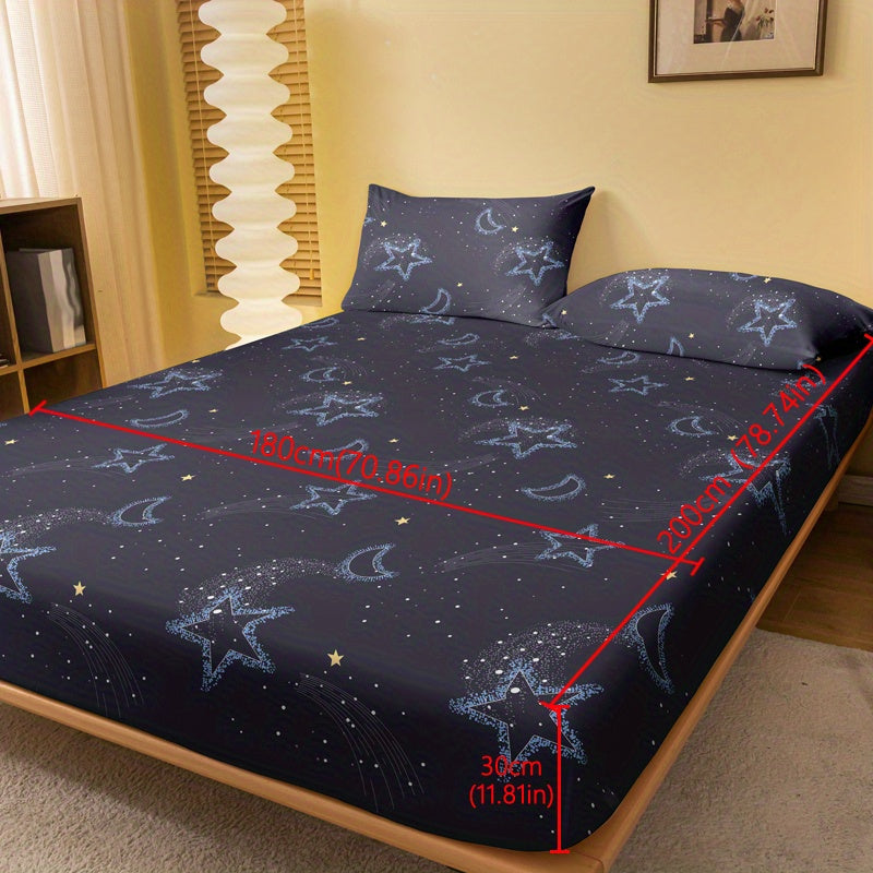 Sábana ajustada con estampado de luna y estrella cepillada para cama individual, funda de colchón de bolsillo profundo