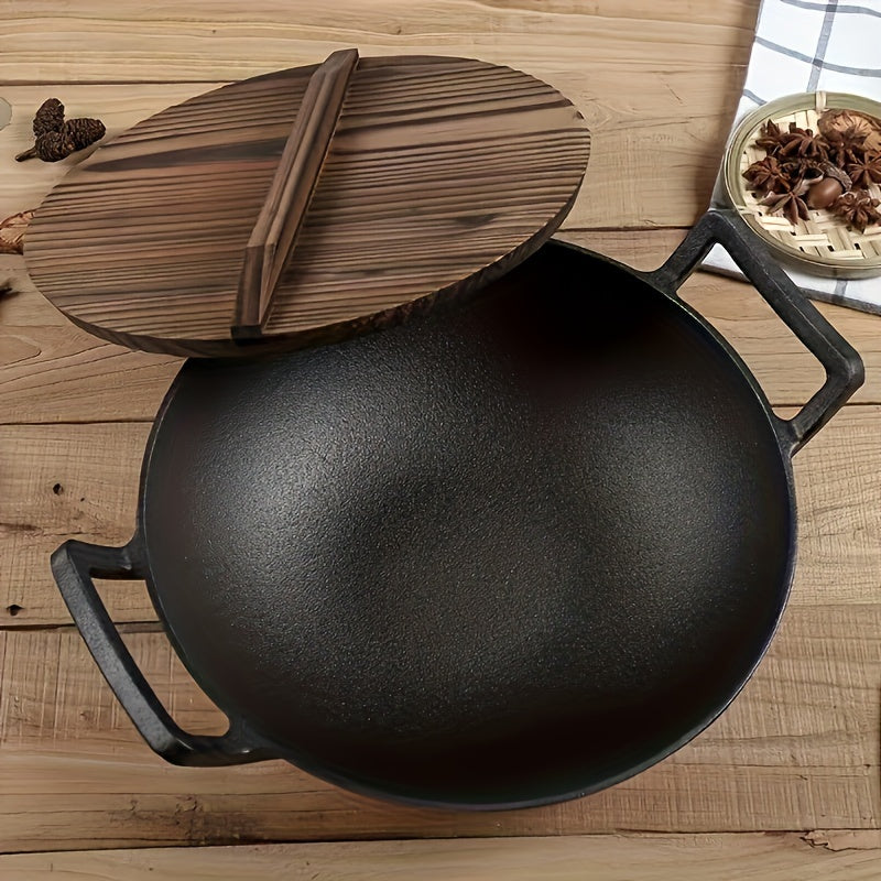Cast Iron Wok with Lid Double Handles Thickened for Gas Induction Electric Stovetops