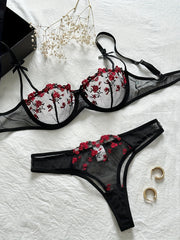 Women's Floral Embroidered Lingerie Set with Mesh Bra and Panty
