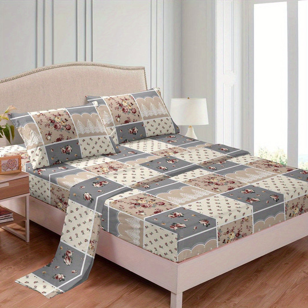 Set of 4 Flower Stitching Print Fitted Sheets Bedding Set Soft Breathable for Bedroom Guest Room Dorm