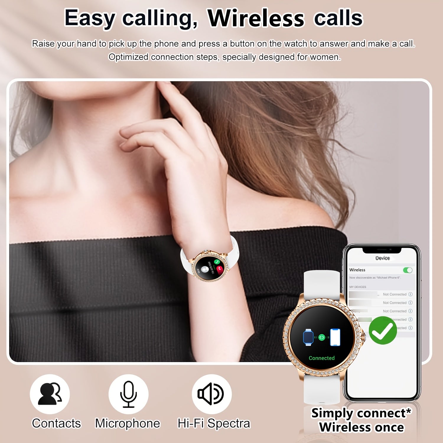 Women's Smartwatch with Wireless Call Message Notifications Fitness Sleep Cycle Tracking 1.32 Inch Touch Screen