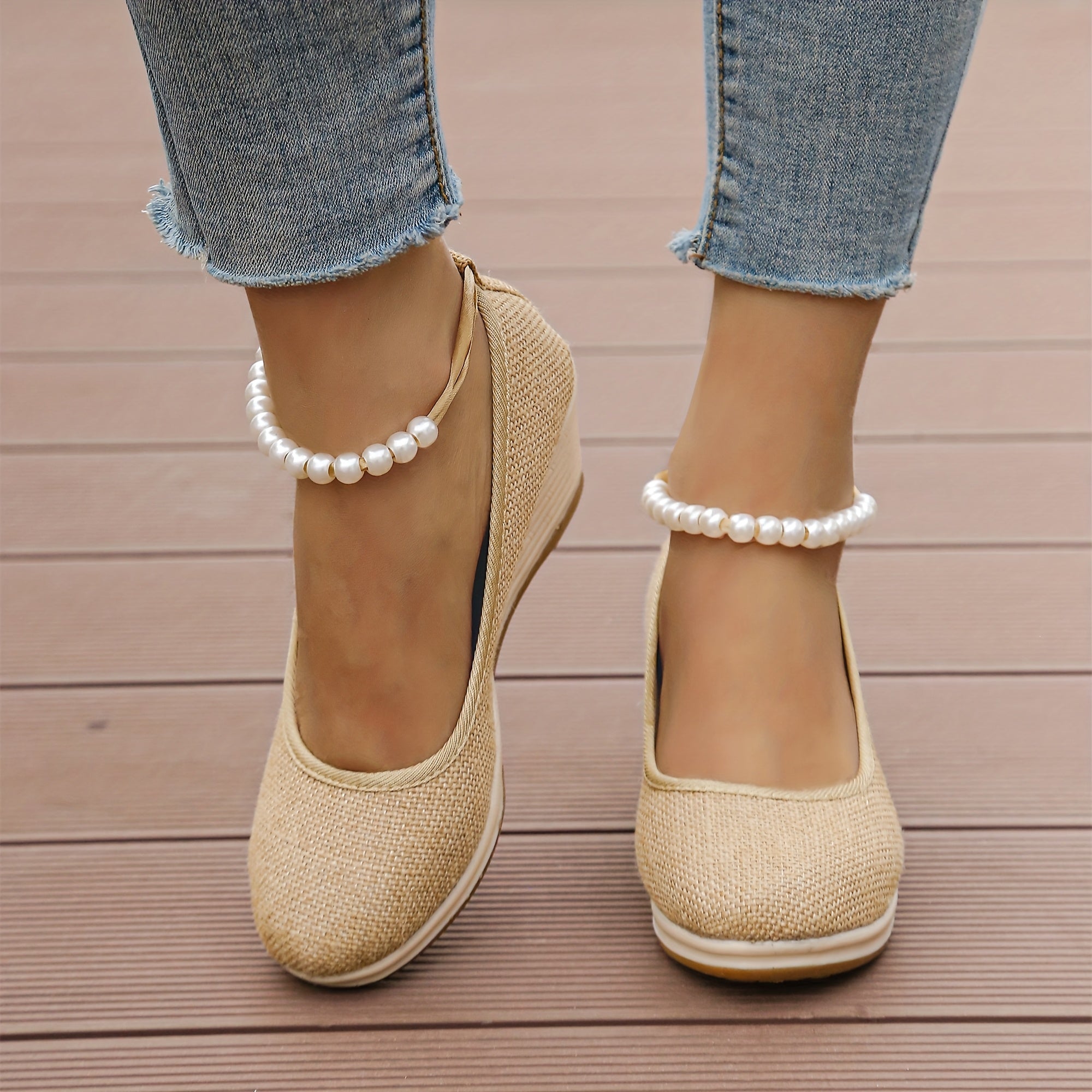 Women's Black Linen Wedge Heel Pumps Round-Toe Shoes with Ankle Bracelets