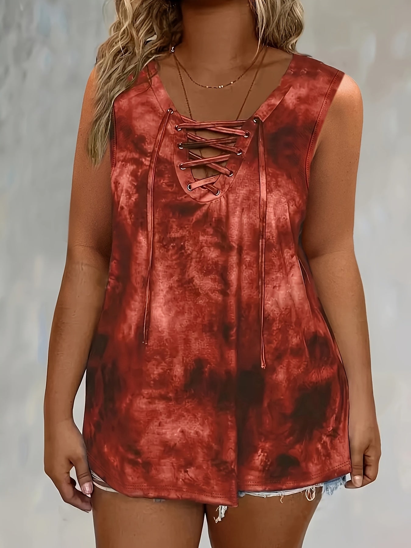 Women's V-Neck Sleeveless Tie-Front Top Red Abstract Print Summer Casual Beach Wear