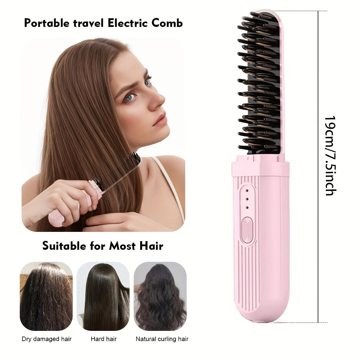 Portable USB Rechargeable Hair Straightener and Curler with Thermal Ion Comb and Anti-Scalding Safety