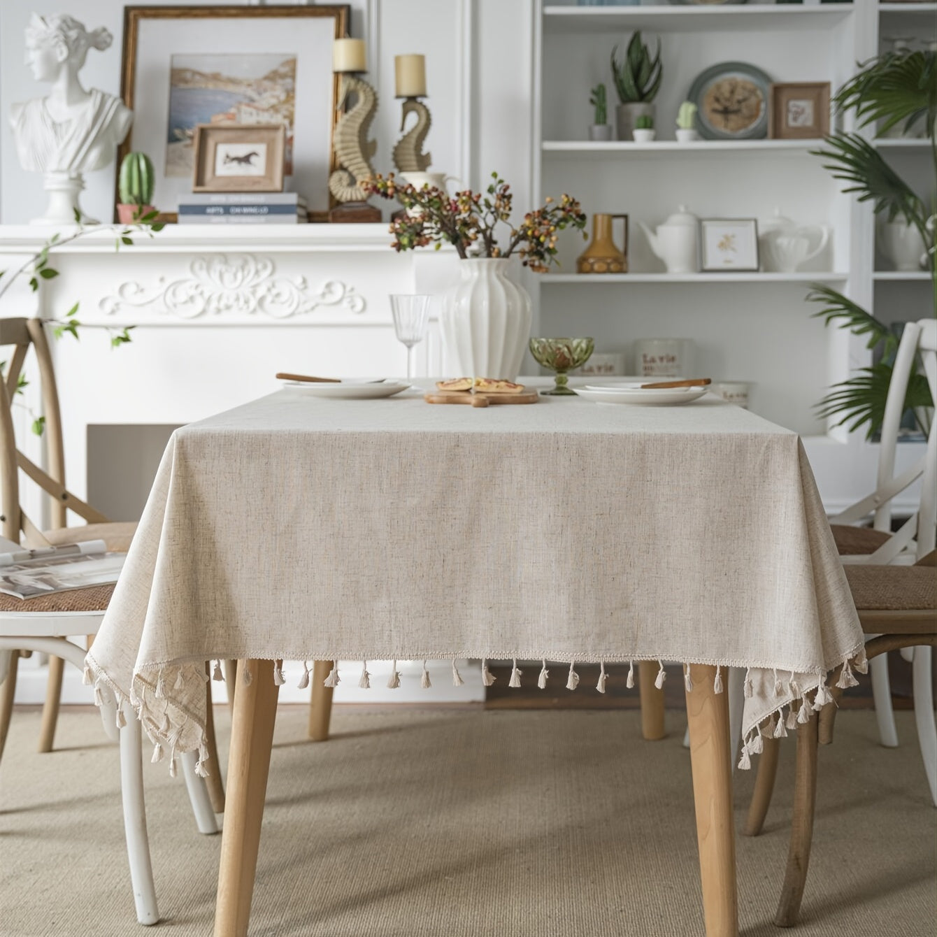 Beige Linen Farmhouse-Style Tablecloth with Fringed Edges for Holidays and Events