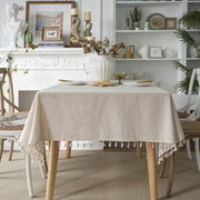 Beige Linen Farmhouse-Style Tablecloth with Fringed Edges for Holidays and Events