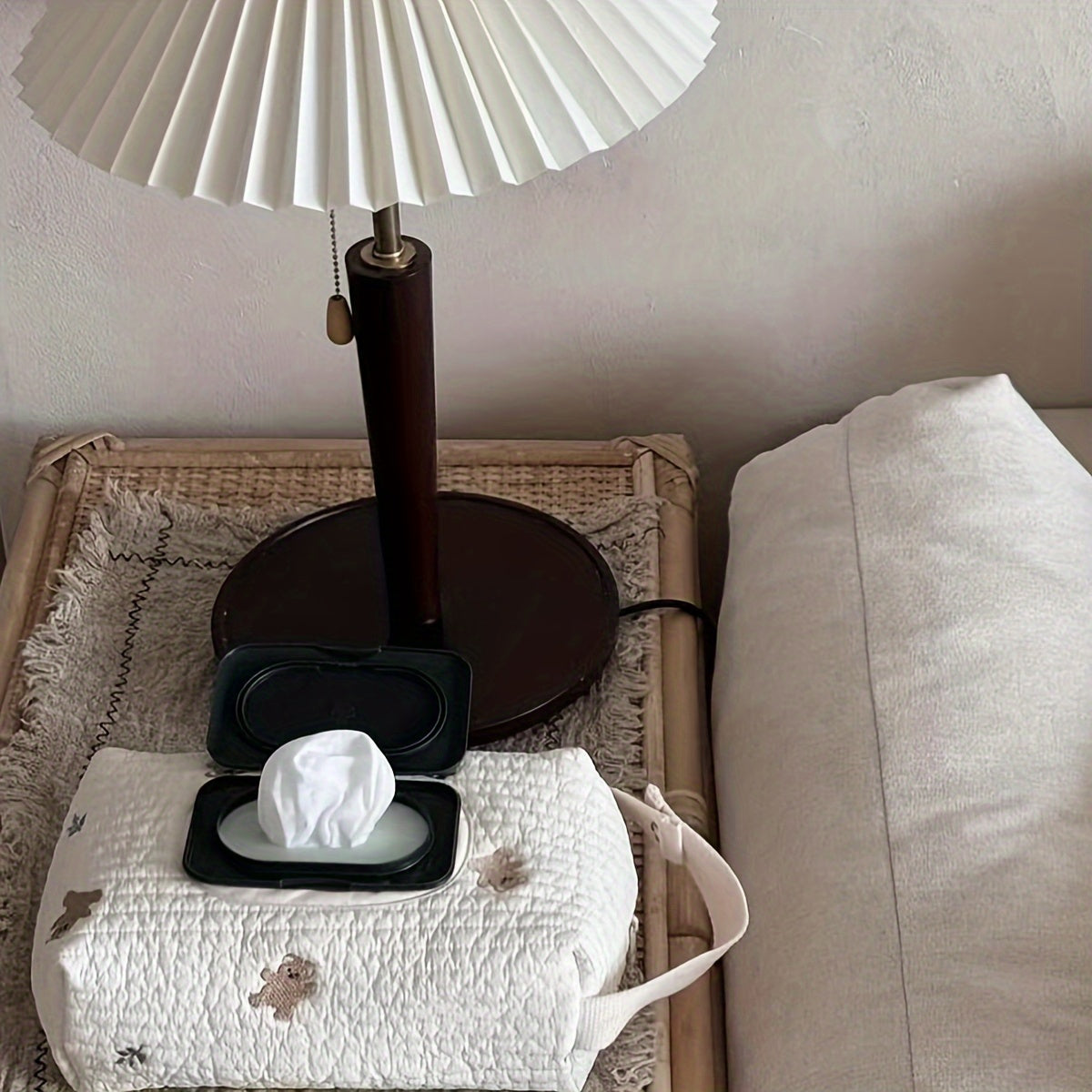 Beige Embroidered Wet Wipes Dispenser Hangable for Diapers Strollers Travel