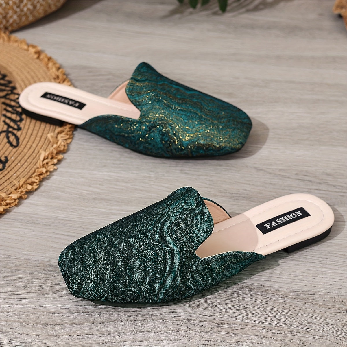 Women’s Green Glitter Slip-On Flat Shoes Casual Square Toe TPR Sole