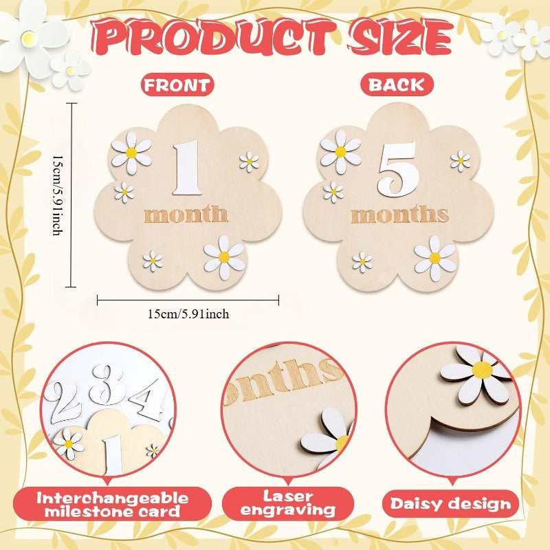 Набор карточек для ежемесячных вех "Деревянная ромашка" - Включает 12 сменных дисков для вех для душа, фотографий и подарков (белый)