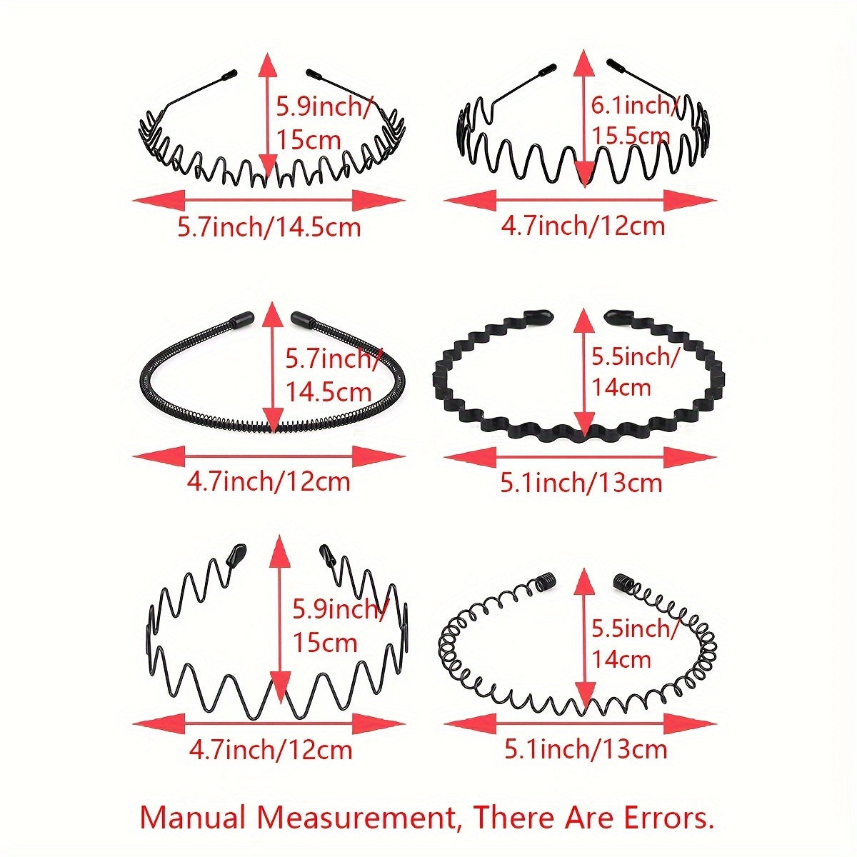 Set of 6 Black Wavy Spring Metal Hair Bands Non-Slip Elastic Headwear for Men Women