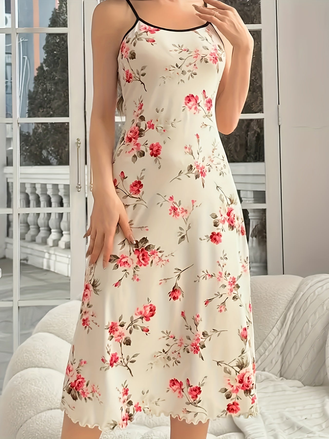Women's Plus Size Floral Sleep Dress Round Neck Cami Nightdress