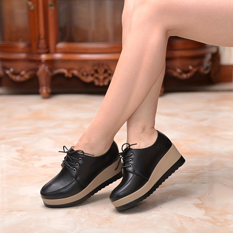 Women's Lace-Up Platform Wedge Loafers with Round Toe and Low Top