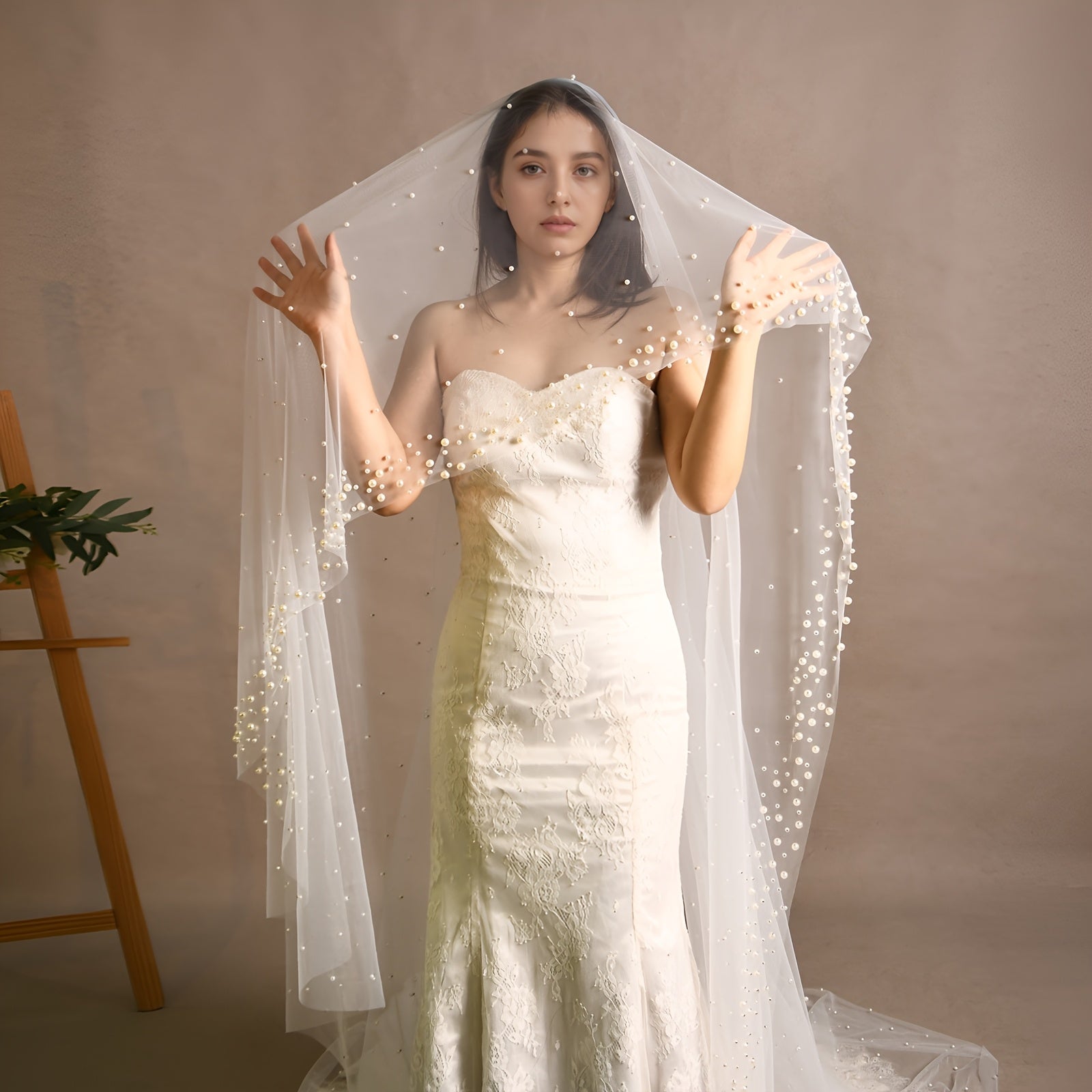 Bridal Veil Cathedral Length Faux Pearl Accents Nylon Wedding Accessory