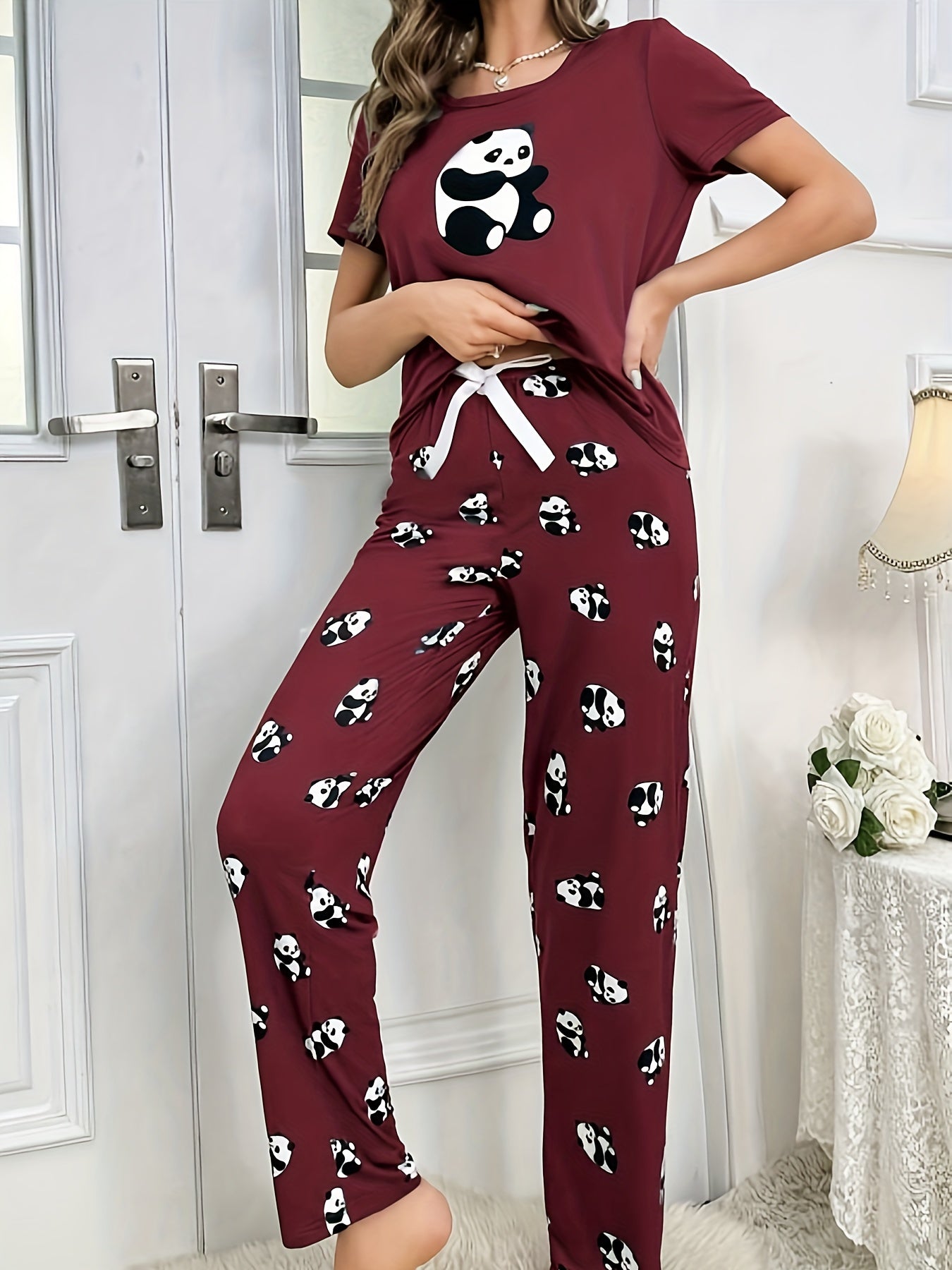 Women's Sleepwear Set with Panda Print Short Sleeve Top and Elastic Pants