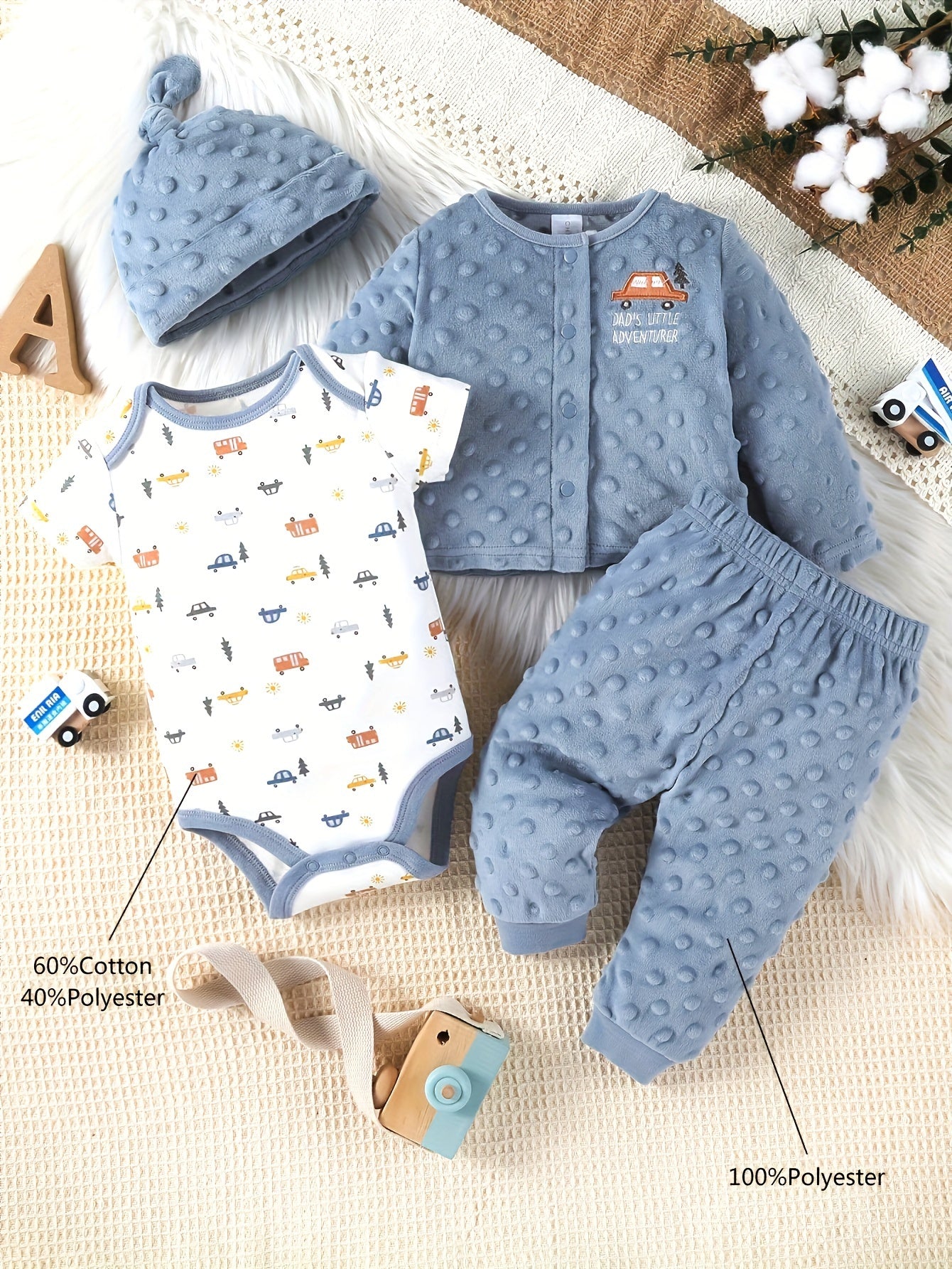 Baby Boys' Cartoon Car Velvet Suit for Autumn Winter 4-Piece Set