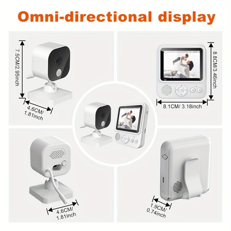 Kamera va audio bilan monitor, real vaqt monitoringi, 7.62 sm HD displeyli video uy kamerasi, ikki tomonlama aloqa, harorat ko'rsatkichi va yig'lash signalizatsiyasi; APP yoki qayta o'ynash funksiyasi yo'q.