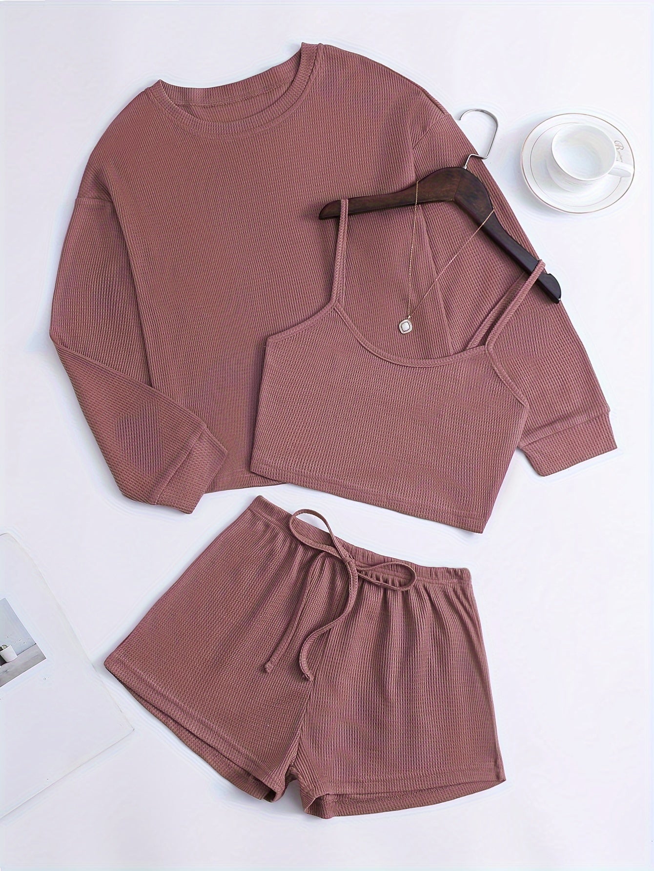 Conjunto de pijama de punto waffle para adultos, tres piezas, manga larga, casual, invierno, otoño, liso