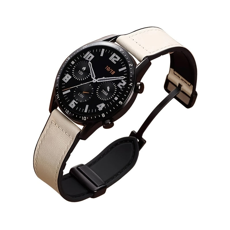 Sintetik charmli smart soat tasmasi, 22mm/20mm o'lchamda Samsung, Garmin, Xiaomi va Huawei kabi turli brendlar bilan mos keladi. Zamonaviy uniseks dizayni, suvga chidamli va magnit xususiyatlariga ega.