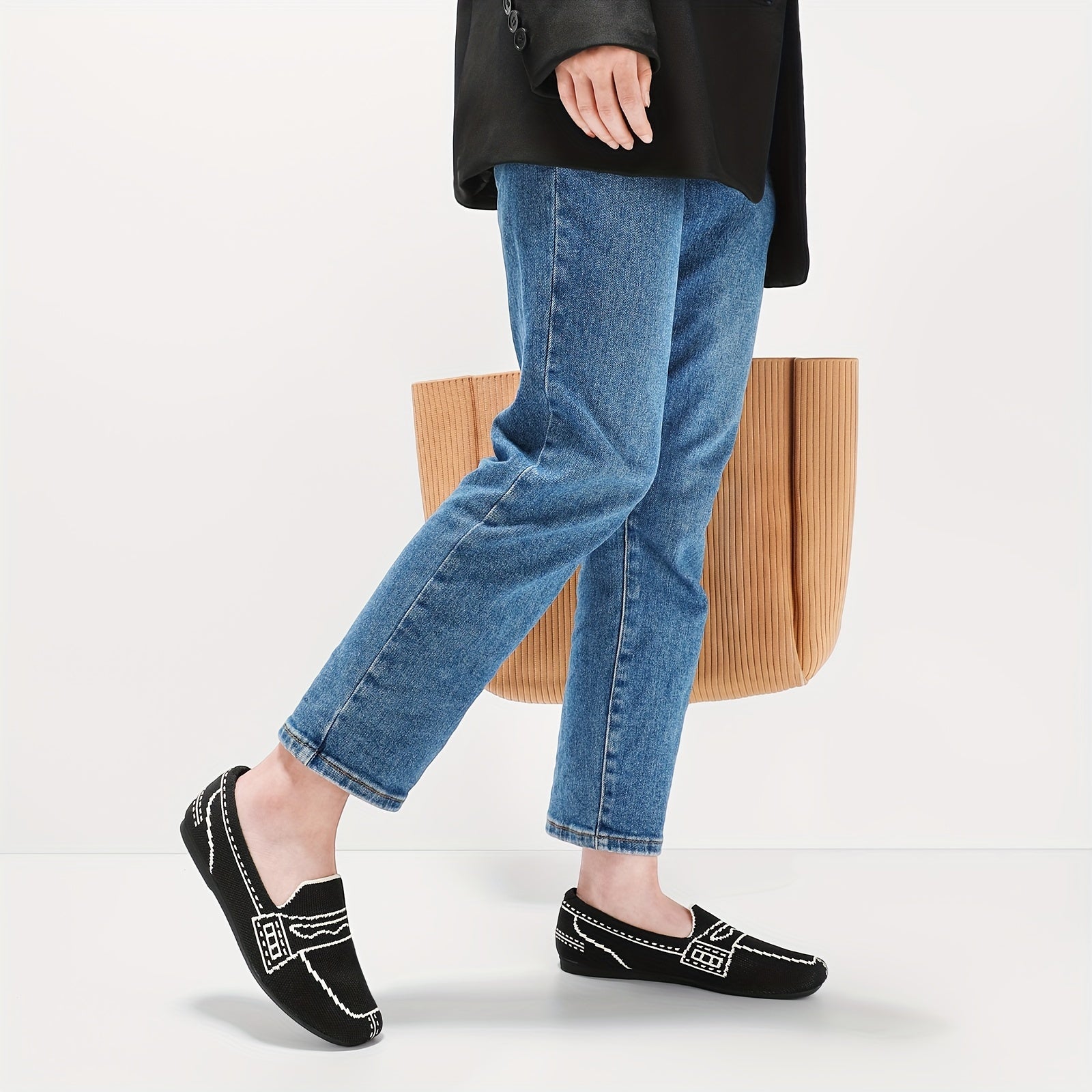 Women's Knit Slip-On Flats Gray Breathable Casual Shoes