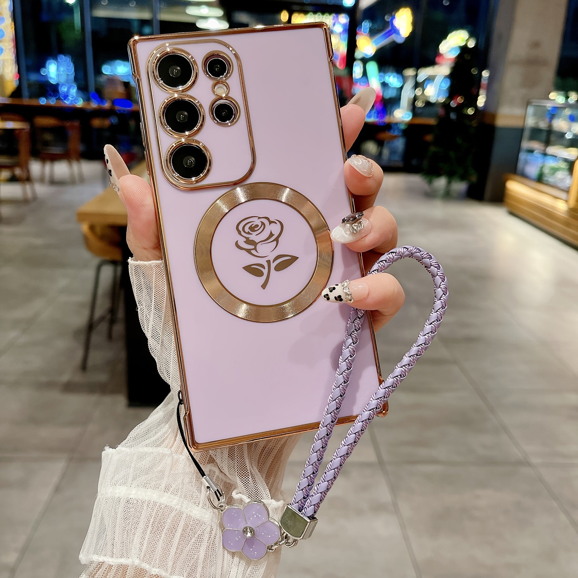 Magnetic Wireless Charging Woven Flower Lanyard Phone Case for Samsung Galaxy S21 S22 S23 S24 Ultra