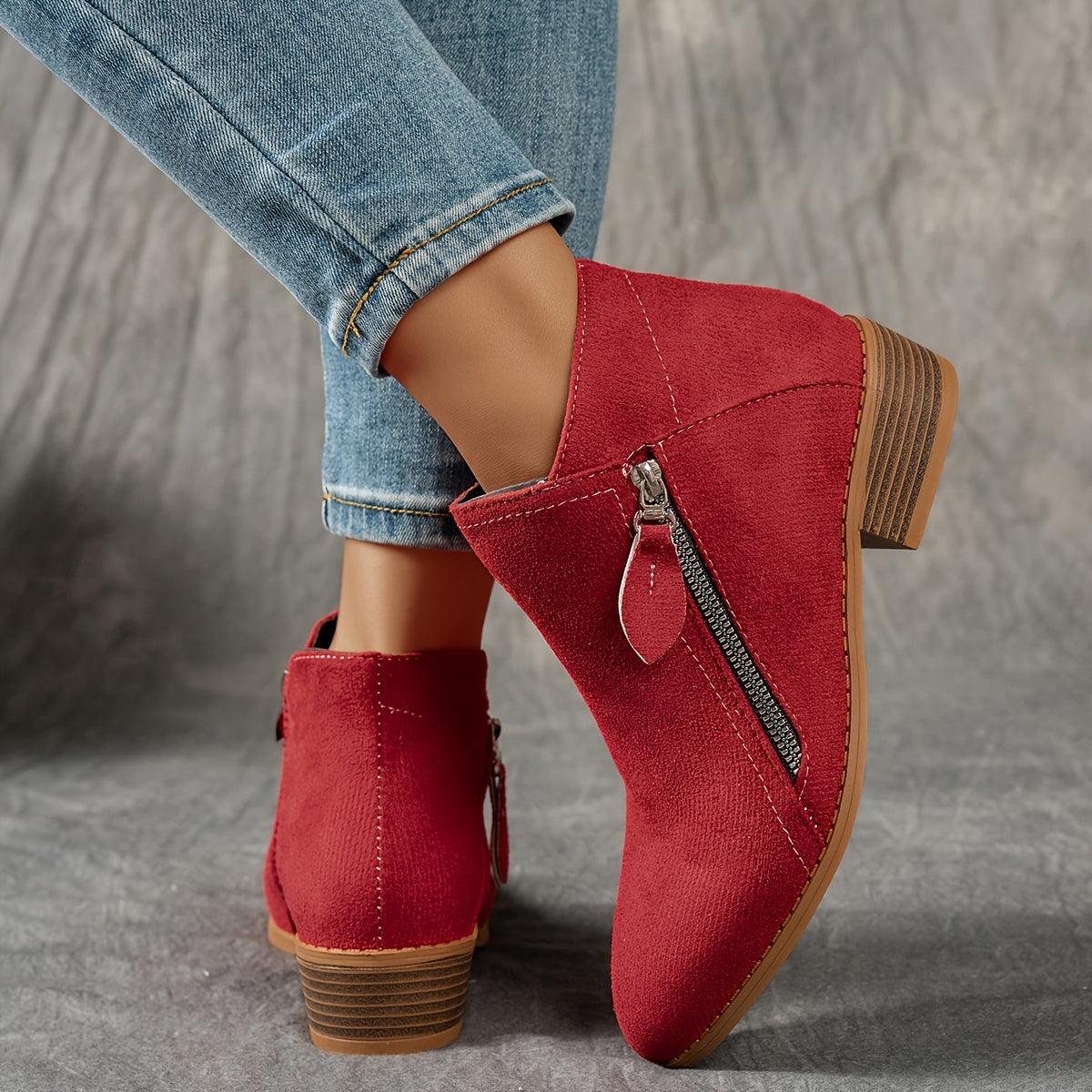 Women's Velvet Chunky Heel Ankle Boots with Slip-On Zipper and Non-Slip Sole