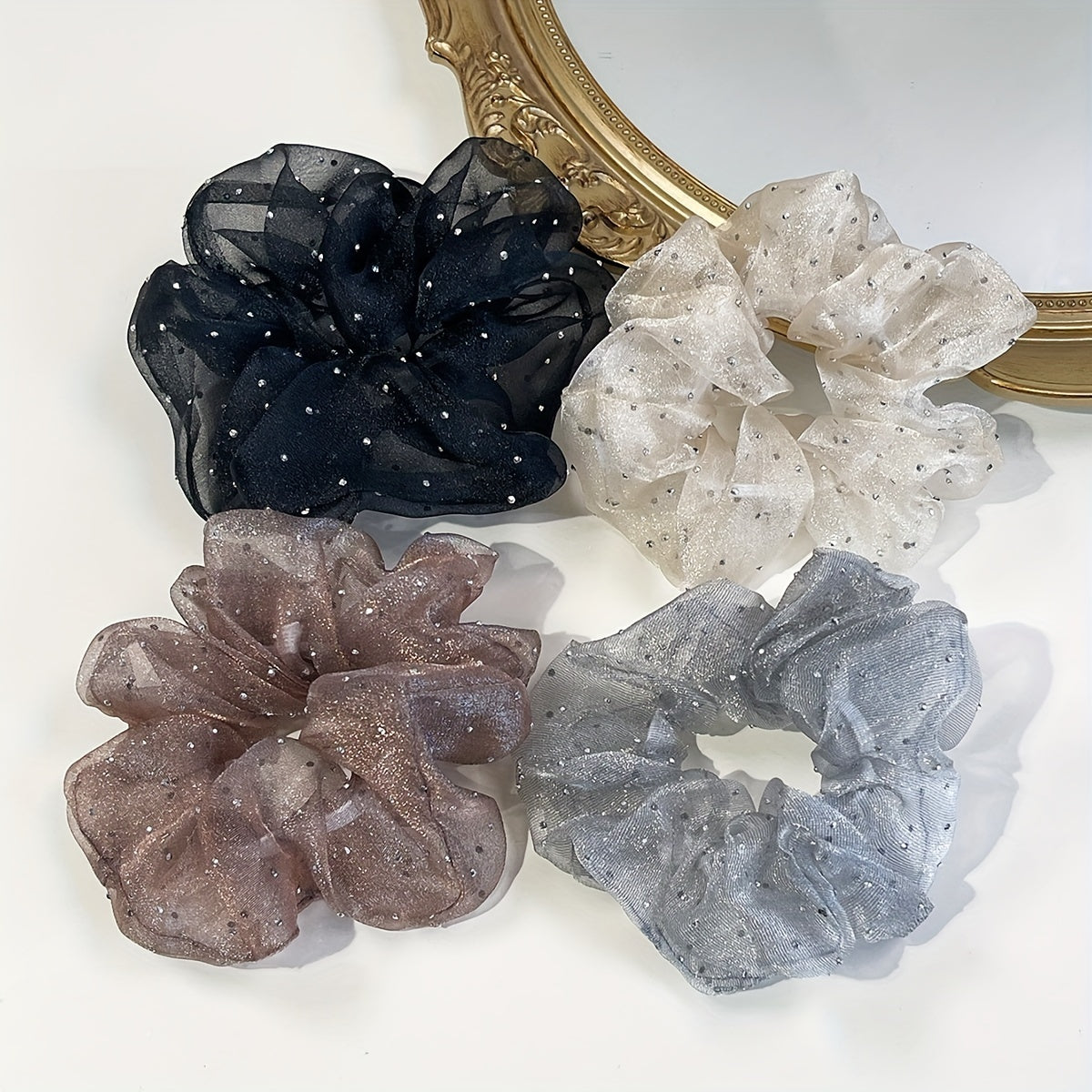 Set of 4 Fabric Hair Ties with Rhinestone for Women and Girls 14+ Elegant Minimalist Style