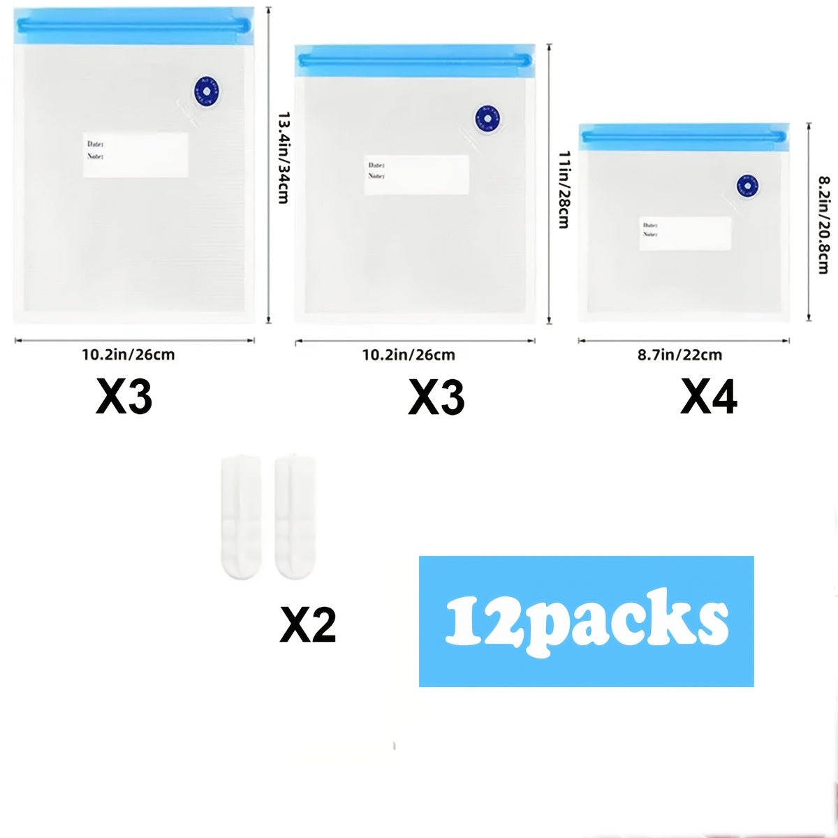 12-pack vacuum food storage bags with zipper, includes 10 bags 2 clips