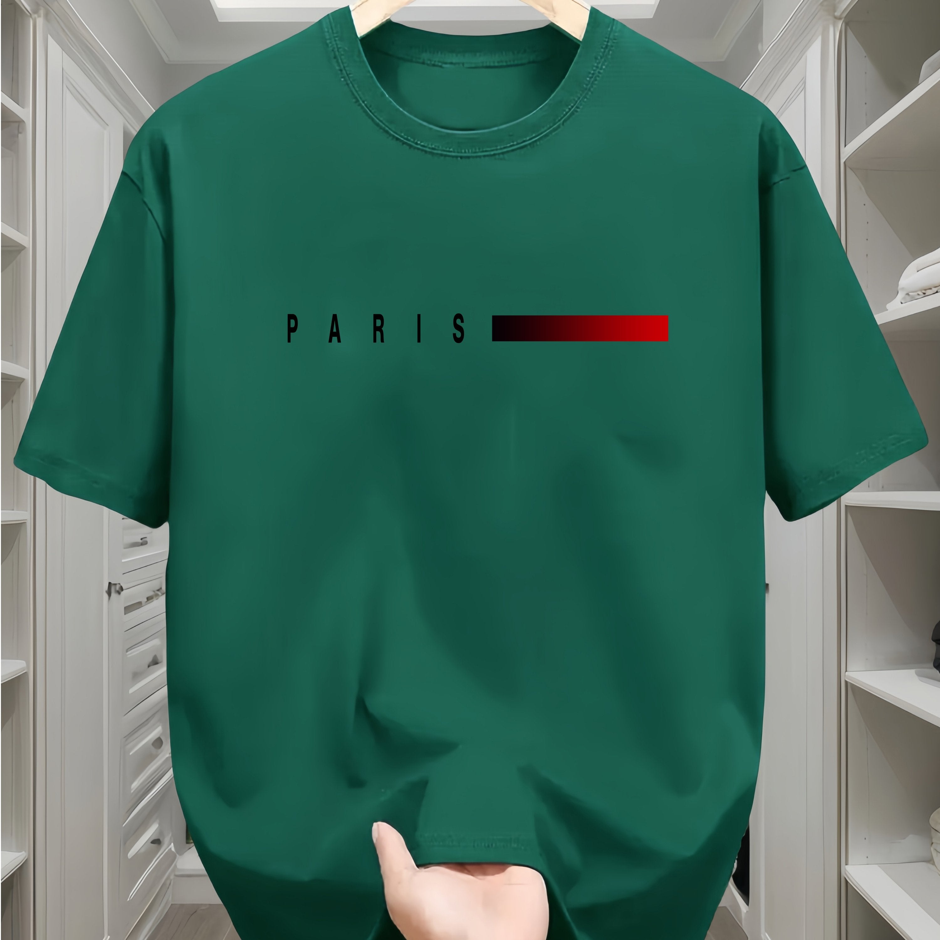Camiseta de algodón para hombre con estampado de París y patrón geométrico, cuello redondo, manga corta, casual, para todas las estaciones, adolescente, corte regular