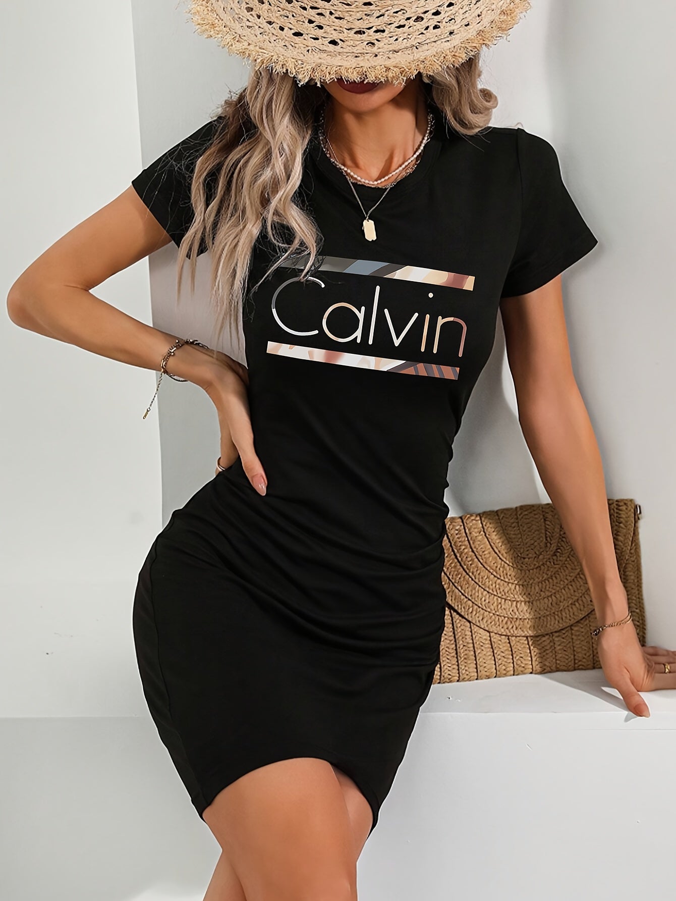 Women's Bodycon T-Shirt Dress Stretchy Breathable Black Slim Fit Casual